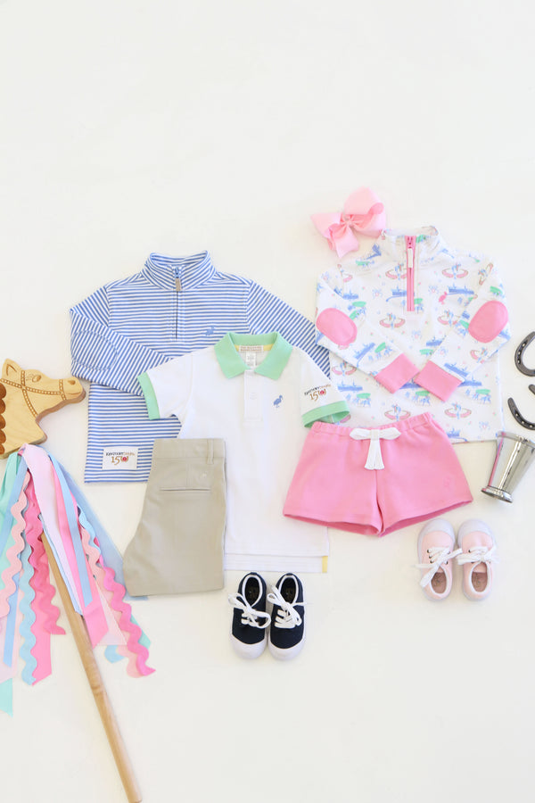 T.B.B.C. x Derby Prim & Proper Polo & Onesie - Worth Avenue White and Grace Bay Green with Park City Periwinkle Stork