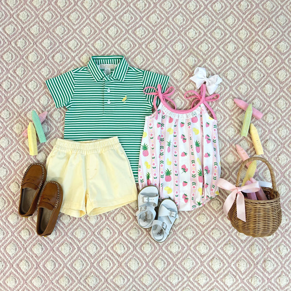 Prim & Proper Polo & Onesie - Kiawah Kelly Green Stripe with Bellport Butter Yellow Stork