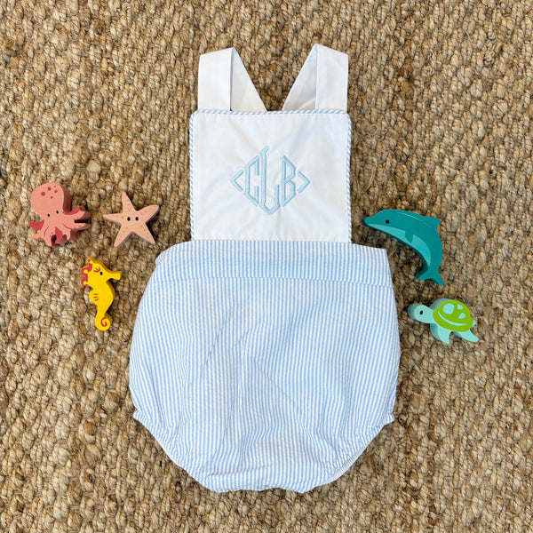 Sayre Sunsuit - Breakers Blue Seersucker with Worth Avenue White