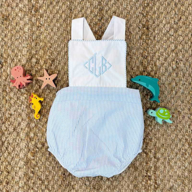 Sayre Sunsuit - Breakers Blue Seersucker with Worth Avenue White