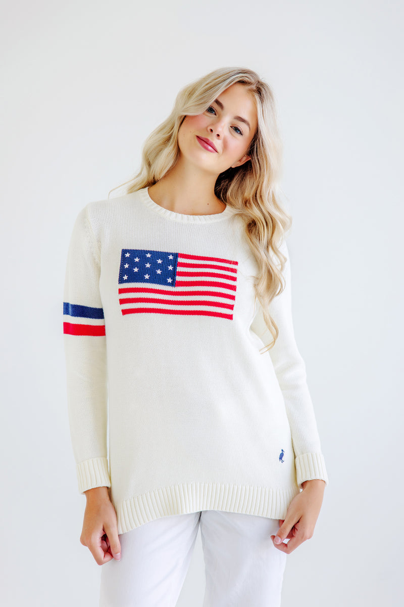 Cissy Intarsia Sweater (Women) - Palmetto Pearl with American Flag Intarsia