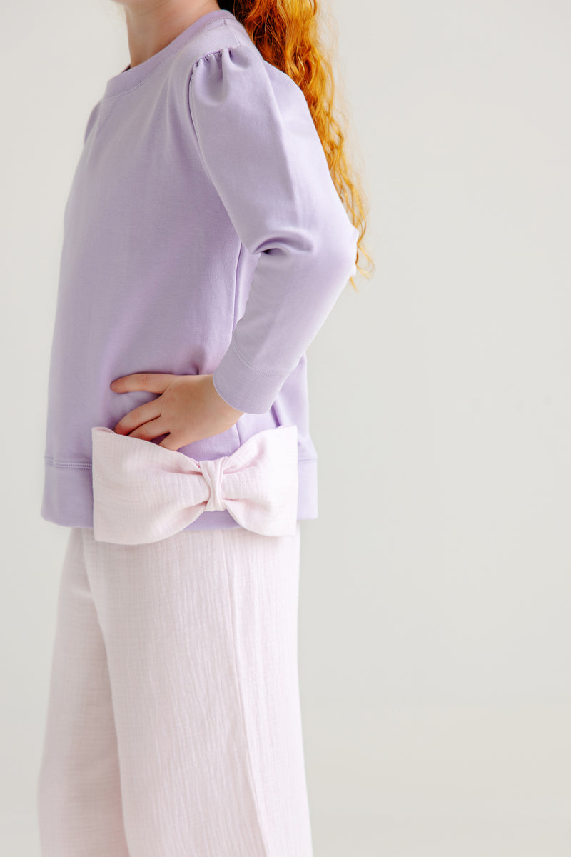 Puff Sleeve Cassidy Comfy Crewneck - Lauderdale Lavender with Palm Beach Pink Bow