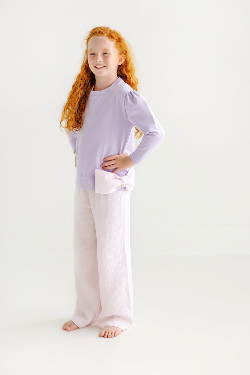 Puff Sleeve Cassidy Comfy Crewneck - Lauderdale Lavender with Palm Beach Pink Bow