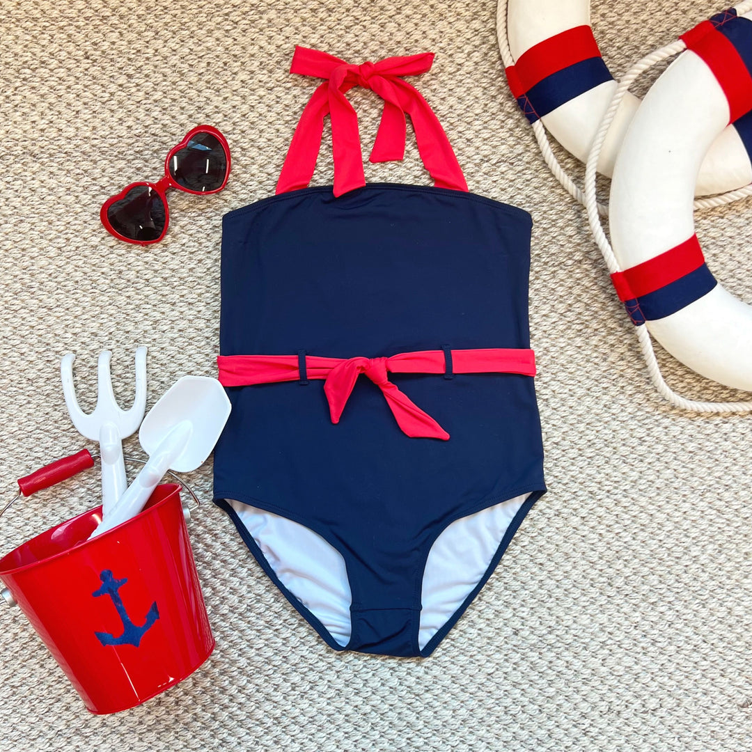 Palm Beach Bathing Suit Nantucket Navy with Richmond Red The Beaufort Bonnet Company