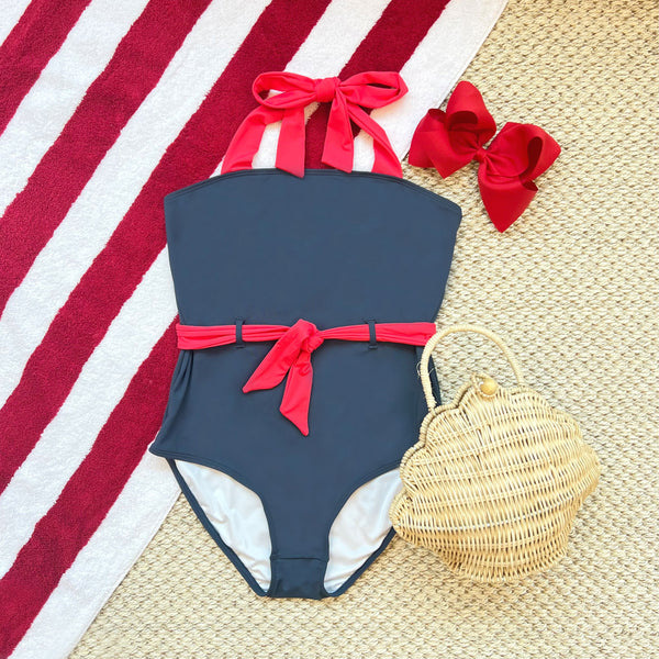 Palm Beach Bathing Suit - Nantucket Navy with Richmond Red