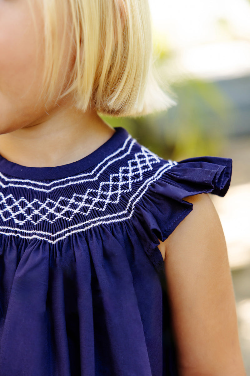 Angel Sleeve Sandy Smocked Dress - Nantucket Navy with Worth Avenue White Smocking