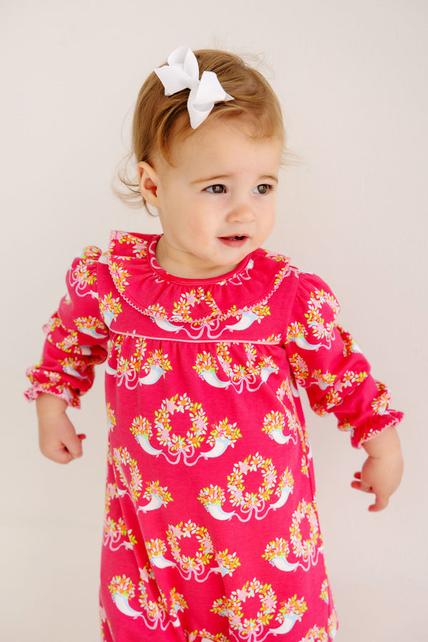 Long Sleeve Ramona Ruffle Romper - Bows & Berries with Hamptons Hot Pink