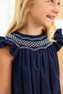 Angel Sleeve Sandy Smocked Dress - Nantucket Navy with Worth Avenue White Smocking