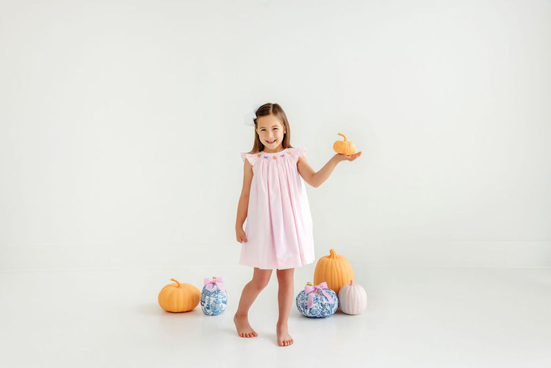 Angel Sleeve Sandy Smocked Dress - Palm Beach Pink with Pumpkin & Bow Smocking