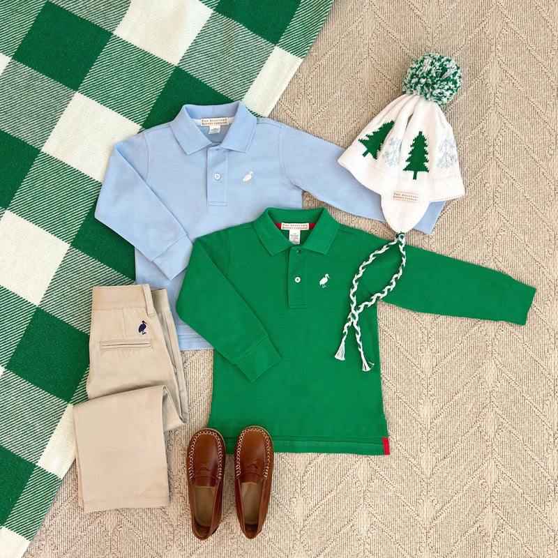 Long Sleeve Prim & Proper Polo & Onesie - Kiawah Kelly Green with Worth Avenue White Stork