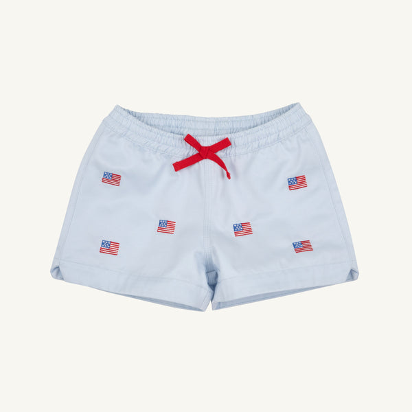 Critter Cheryl Shorts - Buckhead Blue & American Flag Embroidery with Richmond Red Bow