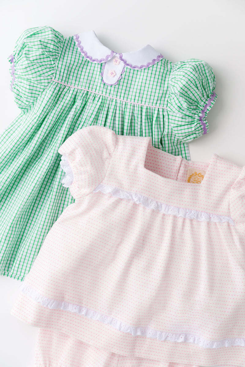 Mary Dal Dress - Kiawah Kelly Green Windowpane with Palm Beach Pink Bow & Lauderdale Lavender Ric Rac