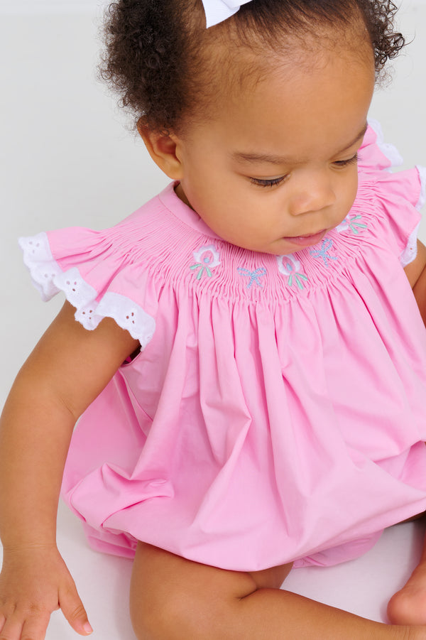 Bridget Bubble - Pier Party Pink with Worth Avenue White & Hand Block Floral Smocking