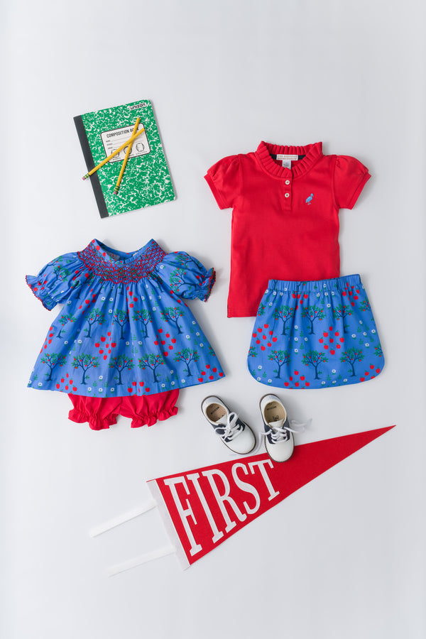 Little Miss Prim & Proper Polo & Onesie - Richmond Red with Barbados Blue Stork