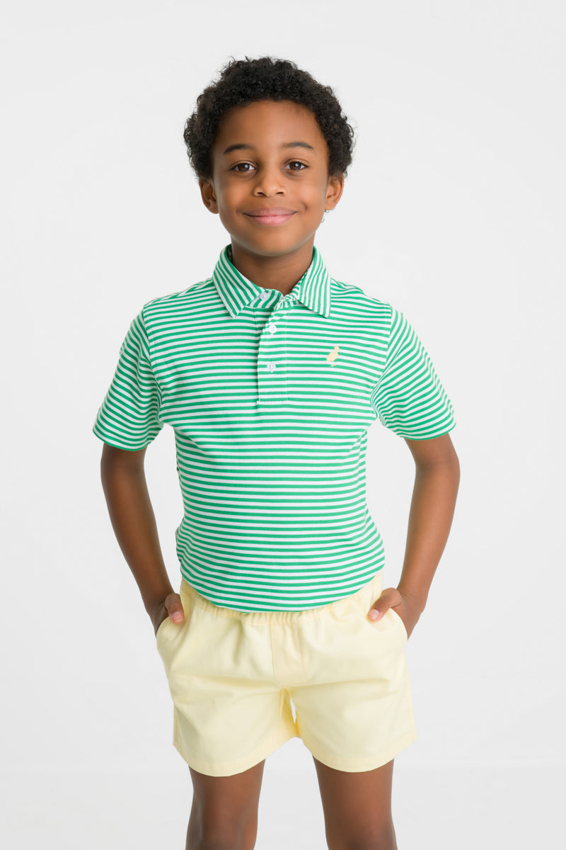 Prim & Proper Polo & Onesie - Kiawah Kelly Green Stripe with Bellport Butter Yellow Stork