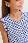 Marion Rose Romper - Pier Pointe Plaid with Hamptons Hot Pink Flower Buttons