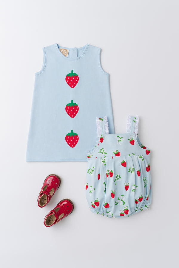 Annie Apron Dress - Buckhead Blue with Strawberry Appliques