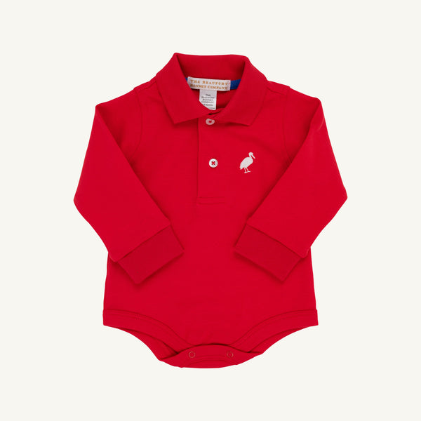 Long Sleeve Prim & Proper Polo & Onesie - Richmond Red with Worth Avenue White Stork