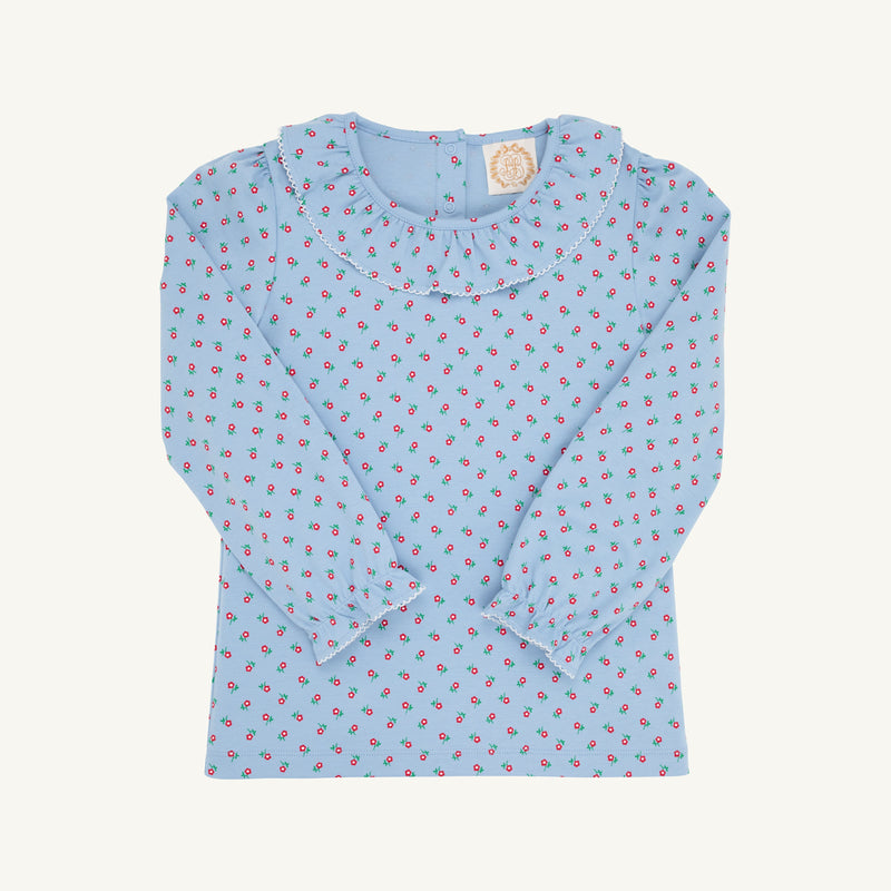 Long Sleeve Ramona Ruffle Collar Shirt & Onesie - Barrington Blue Midway Micro Floral with Palmetto Pearl