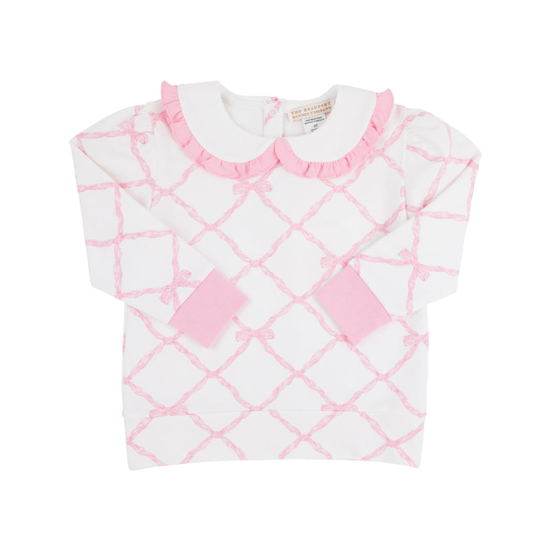 Maude's Ruffle Cassidy Comfy Crewneck - Belle Meade Bow with Worth Avenue White and Pier Party Pink