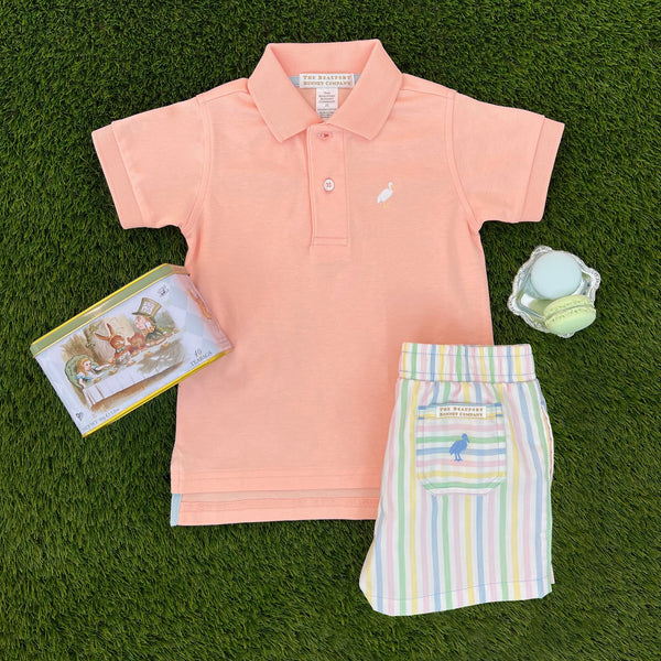 Prim & Proper Polo & Onesie - Pompano Peach with Multicolor Stork