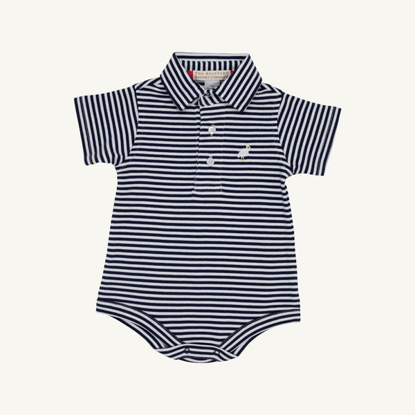 Prim & Proper Polo & Onesie - Nantucket Navy Stripe with Multicolor Stork