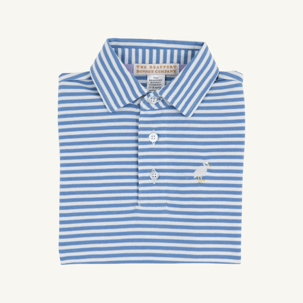 Prim & Proper Polo & Onesie - Barbados Blue Stripe with Multicolor Stork