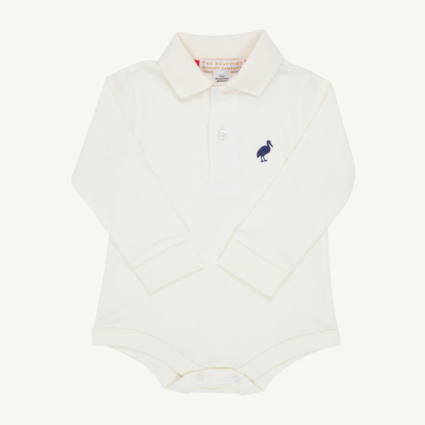 Long Sleeve Prim & Proper Polo & Onesie - Palmetto Pearl with Nantucket Navy Stork