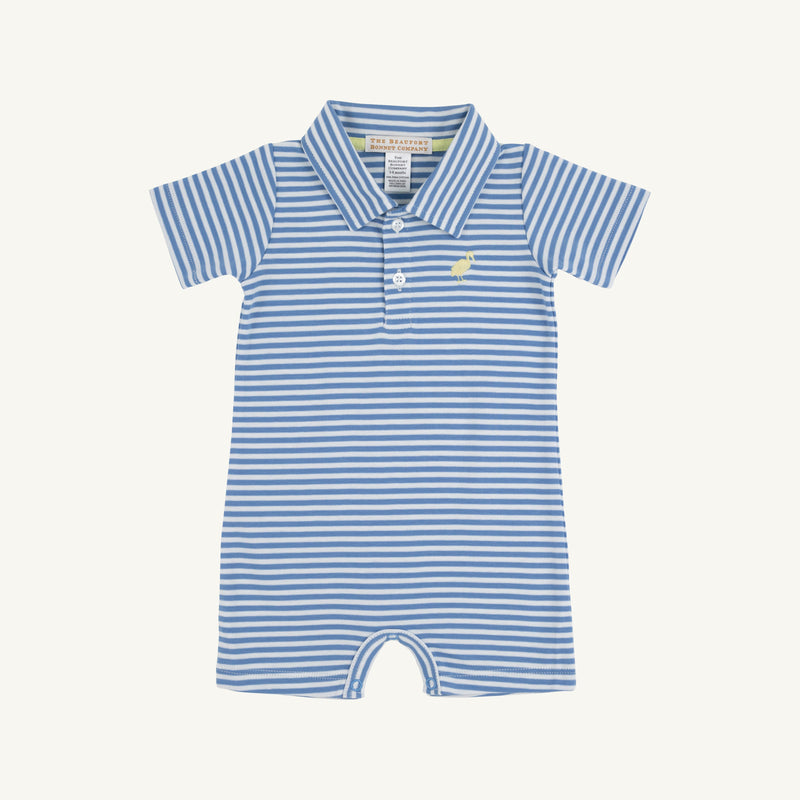 Sir Proper's Romper - Barbados Blue Stripe with Bellport Butter Yellow Stork