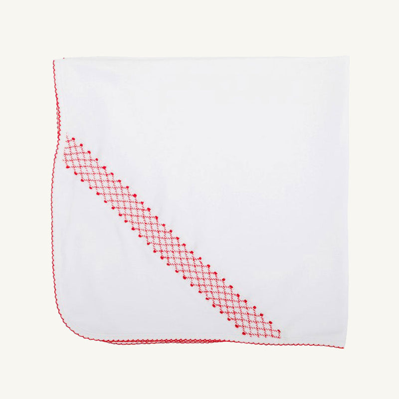 Sweetly Smocked Blessing Blanket - Worth Avenue White with Richmond Red