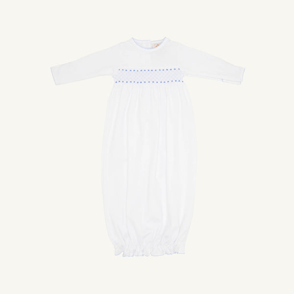 Sweetly Smocked Greeting Gown - Worth Avenue White with Buckhead Blue