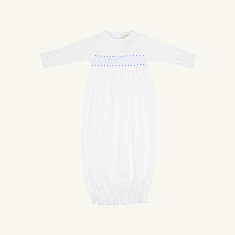 Sweetly Smocked Greeting Gown - Worth Avenue White with Buckhead Blue