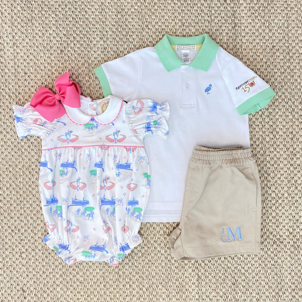 T.B.B.C. x Derby Prim & Proper Polo & Onesie - Worth Avenue White and Grace Bay Green with Park City Periwinkle Stork