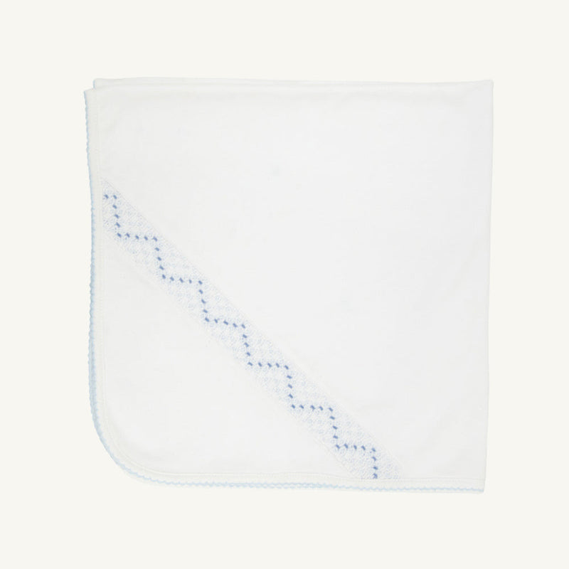 Sweetly Smocked Blessing Blanket - Worth Avenue White with Buckhead Blue