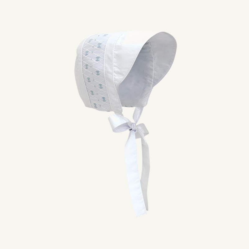 Sweetly Smocked Bonnet - Worth Avenue White with Buckhead Blue