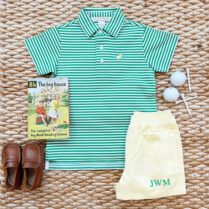 Prim & Proper Polo & Onesie - Kiawah Kelly Green Stripe with Bellport Butter Yellow Stork