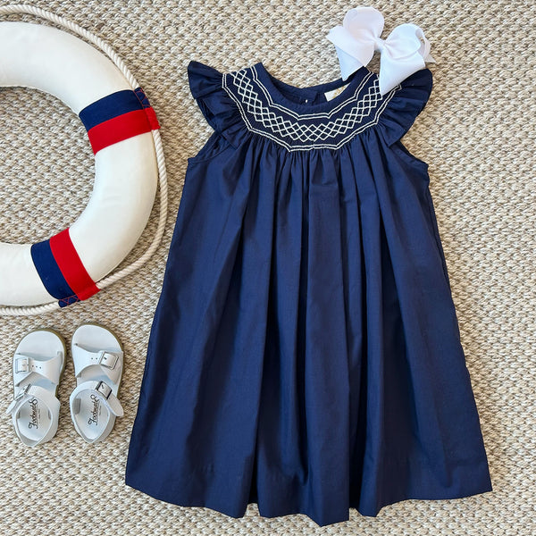 Angel Sleeve Sandy Smocked Dress - Nantucket Navy with Worth Avenue White Smocking