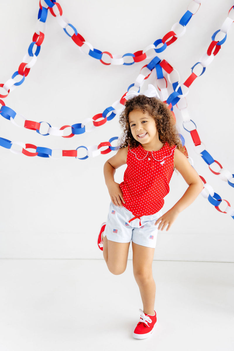 Critter Cheryl Shorts - Buckhead Blue & American Flag Embroidery with Richmond Red Bow