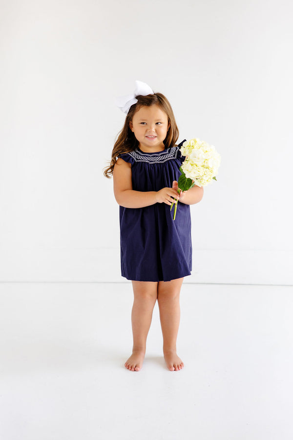 Angel Sleeve Sandy Smocked Dress - Nantucket Navy with Worth Avenue White Smocking