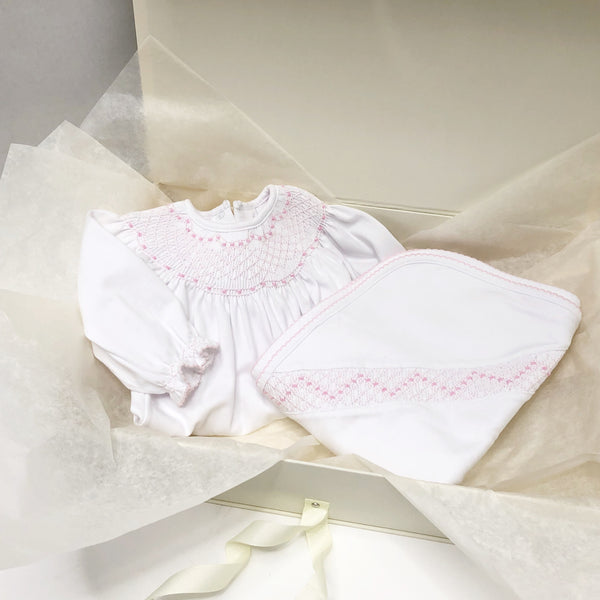 Sweetly Smocked Blessing Blanket - Worth Avenue White with Palm Beach Pink