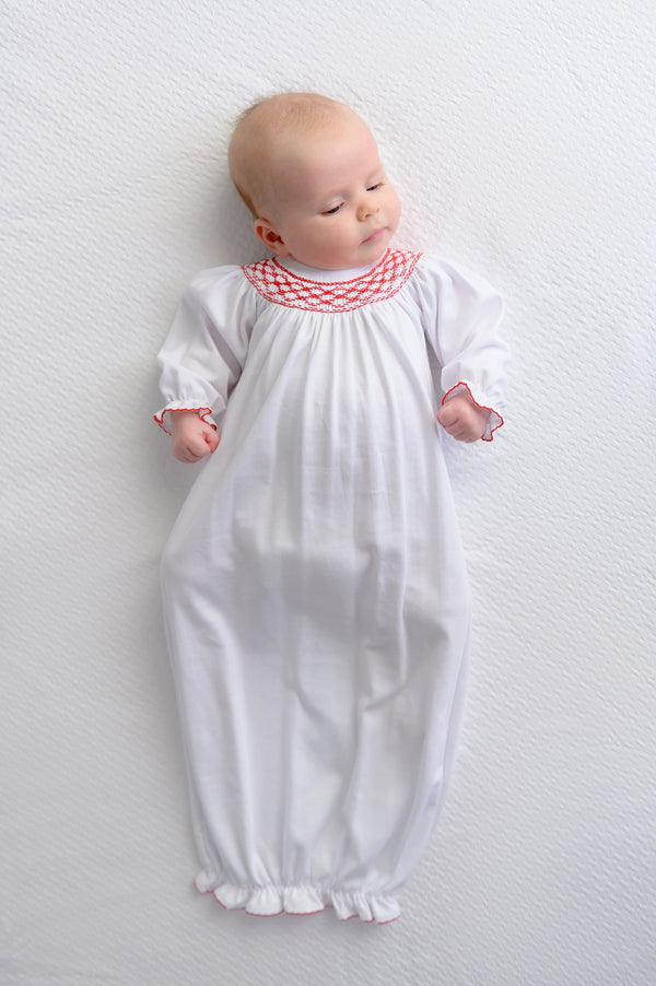 Sweetly Smocked Greeting Gown (Girl) - Worth Avenue White with Richmond Red