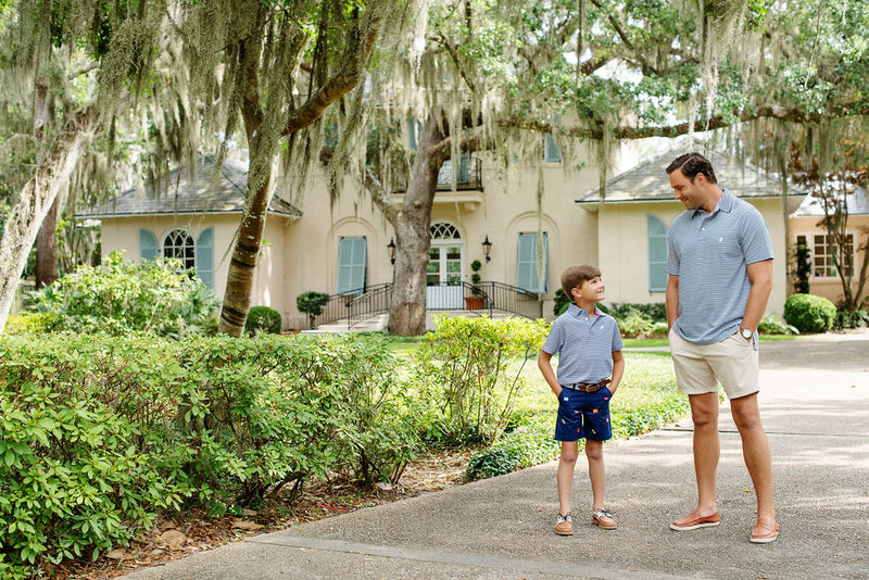 Prim & Proper Polo & Onesie - Nantucket Navy Stripe with Multicolor Stork