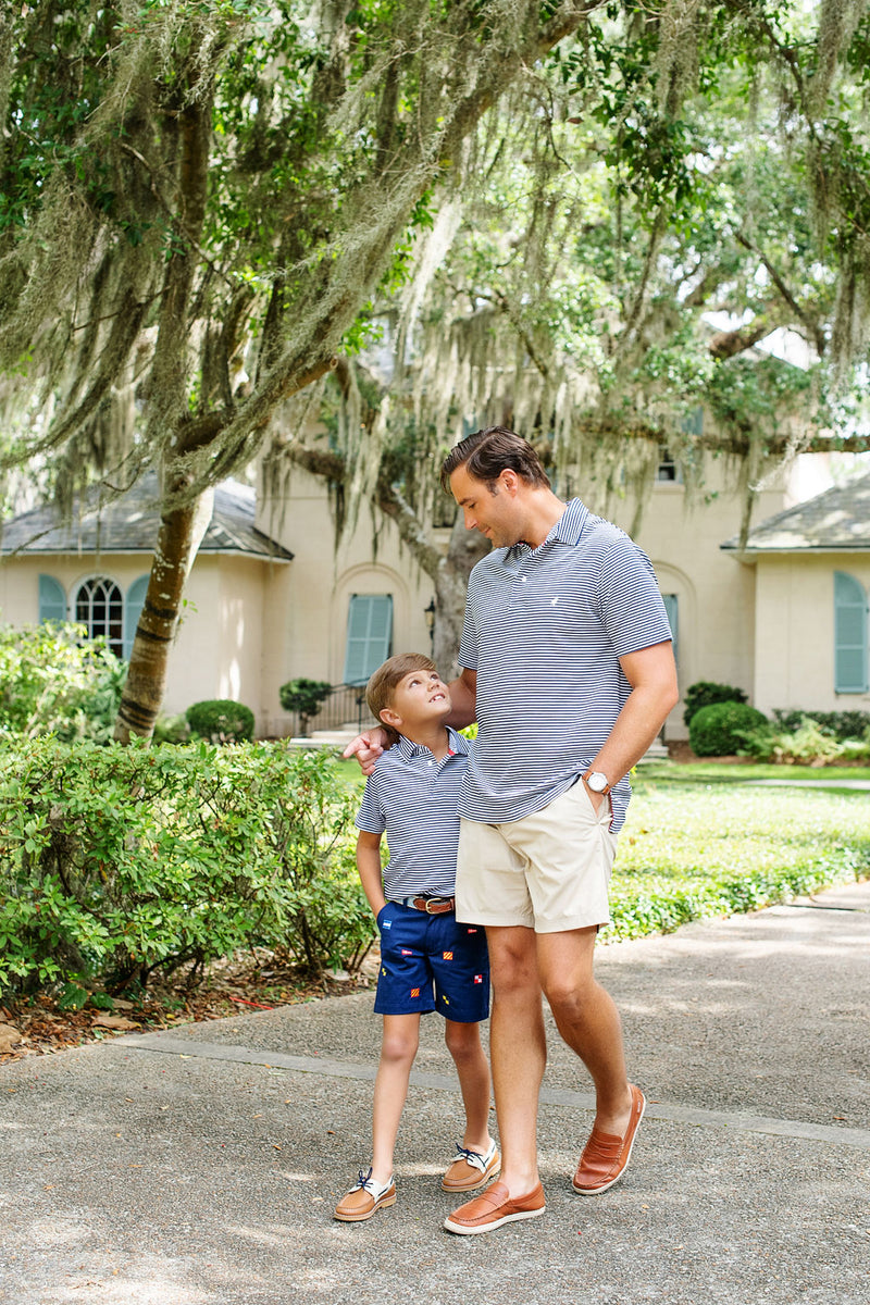 Prim & Proper Polo & Onesie - Nantucket Navy Stripe with Multicolor Stork