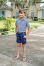 Prim & Proper Polo & Onesie - Nantucket Navy Stripe with Multicolor Stork