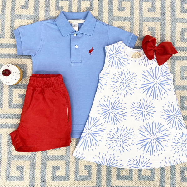 Prim & Proper Polo & Onesie - Barbados Blue with Richmond Red Stork