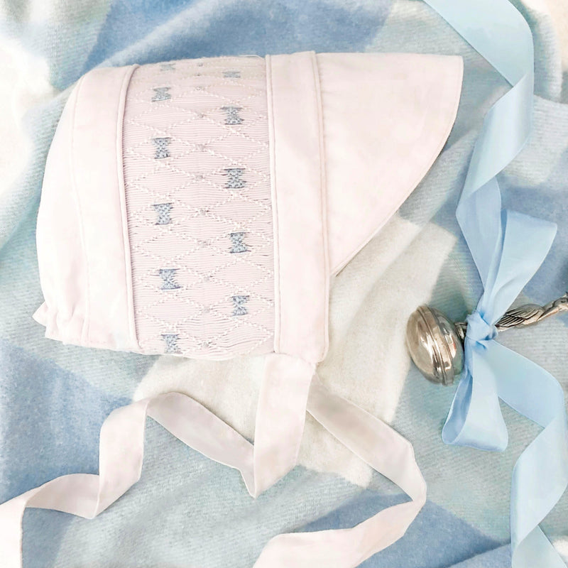 Sweetly Smocked Bonnet - Worth Avenue White with Buckhead Blue